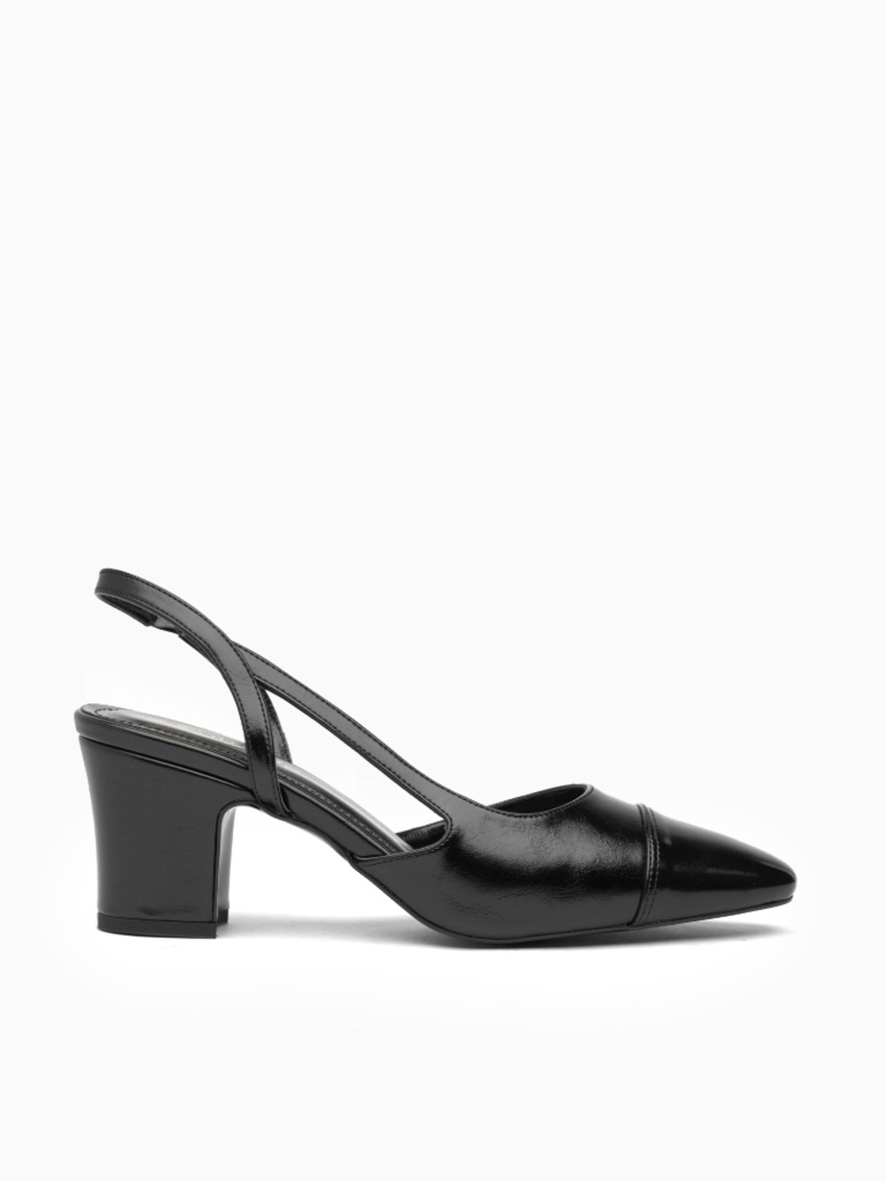 Marcella Slingback Heels: Smooth Leather, Patent Cap Toe, Block Heel